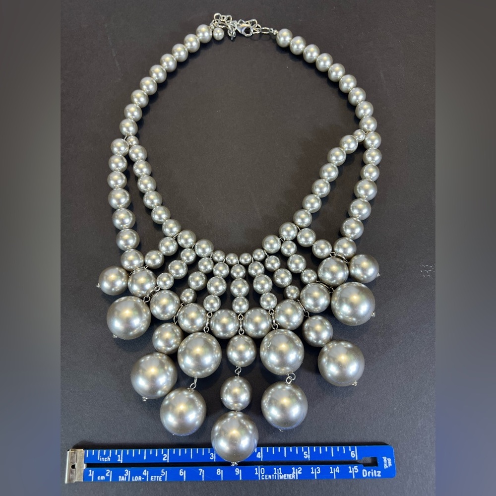 New Satin Silver Multi Layer Necklace with Cascading Faux Pearls - Picture 6 of 6